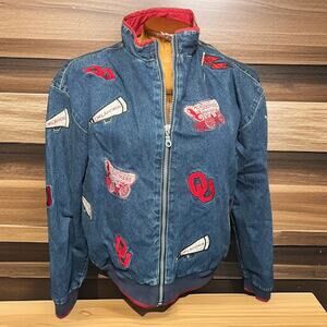 VINTAGE 90s Upcycled Oklahoma University Denim Jacket Size M Retro Bomber
